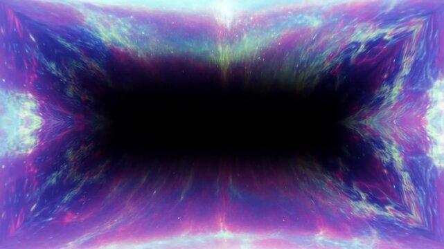 Tracking shot moving forward through colorful cosmic tunnel toward central void in outer space psychedelic nebula portal with swirling stars and luminous gas clouds