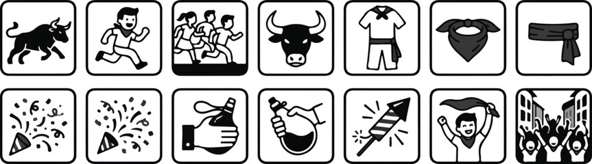 Running of the Bulls San Fermin Festival Icon Set, Spanish Culture and Pamplona Fiesta Vector Illustration © thea_sketch