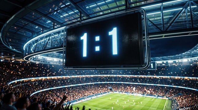 Cinematic shot of a football match stadium arena showing a 1-1 score on the big digital screen with fans watching from the stands