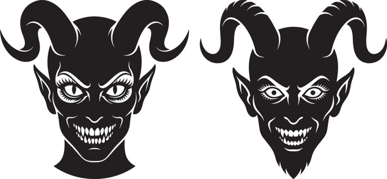 Two scary demon heads with horns and sharp teeth black silhouette vector graphic on white background silhouette creature frightening