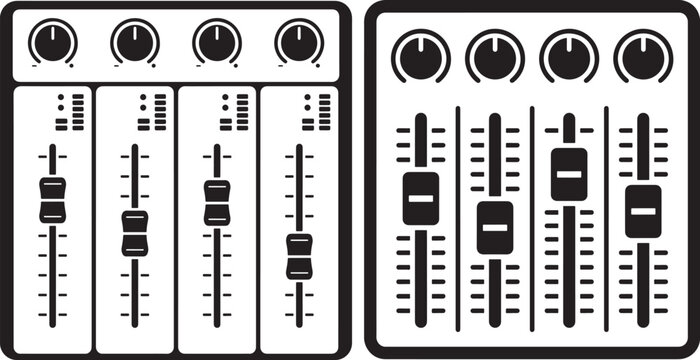 Set of black silhouette vector icons representing audio mixing console sound boards with faders and knobs recording silhouette