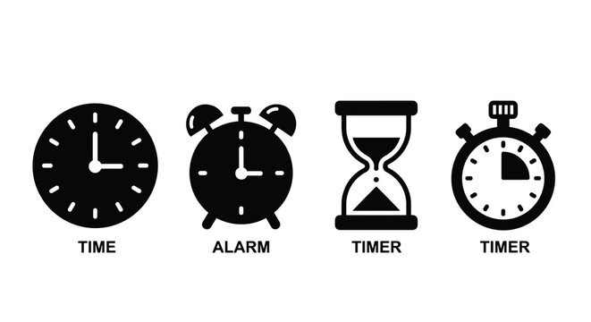 A set of four time related icons including a clock, alarm clock, hourglass and stopwatch.
