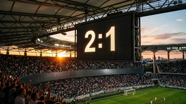 Exciting football score of 2-1 lights up the large stadium scoreboard, capturing the electrifying moment for thousands of cheering fans in a vibrant evening atmosphere