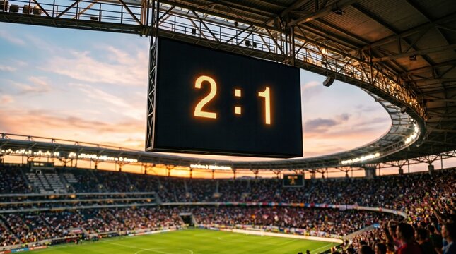 Professional football stadium at dusk with a large scoreboard displaying a competitive match 2:1 score and cheering fans