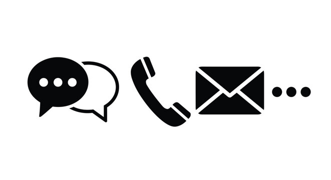 Communication icons including speech bubble, phone, and envelope are displayed.