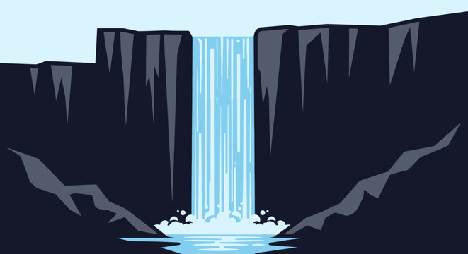 Waterfall flowing down rocky cliffside.