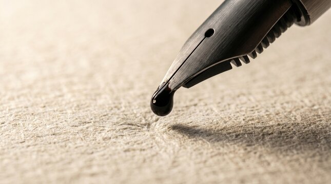 Primer plano de plum&iacute;n de pluma estilogr&aacute;fica con gota de tinta