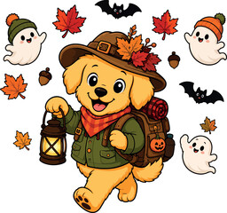 Cheerful Dog Hiker Lantern Autumn Fall Leaves Ghosts Halloween
