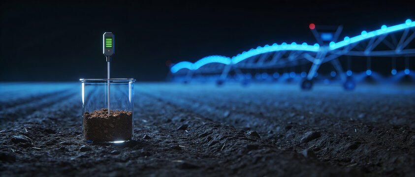 Digital sensor probe inside a soil sample beaker in a field at night against a blurred automated pivot irrigation system with blue lights.