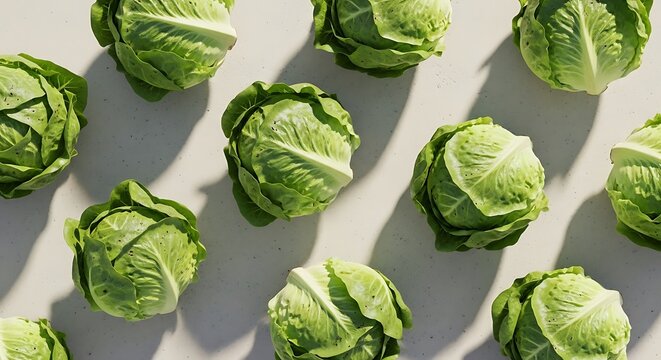 A top down view of fresh buttercrunch lettuce heads arranged in a neat grid pattern on a plain light background for healthy food and salad concepts