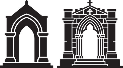 Fototapeta premium Gothic cathedral archway silhouette vector set on white background with cathedral architecture silhouette entrance building