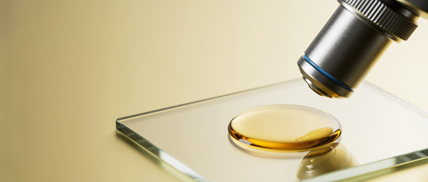 Microscope lens over a glass slide with a drop of golden oily liquid on a beige background.