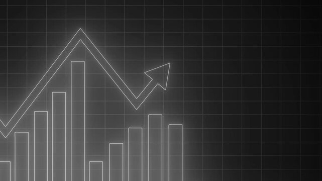 Glowing neon-style bar chart with overlaid line graph and upward arrow animation