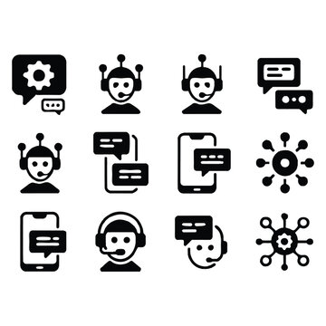 Black and white icons for chatbots and communication Keywords: chatbot, chat, communication