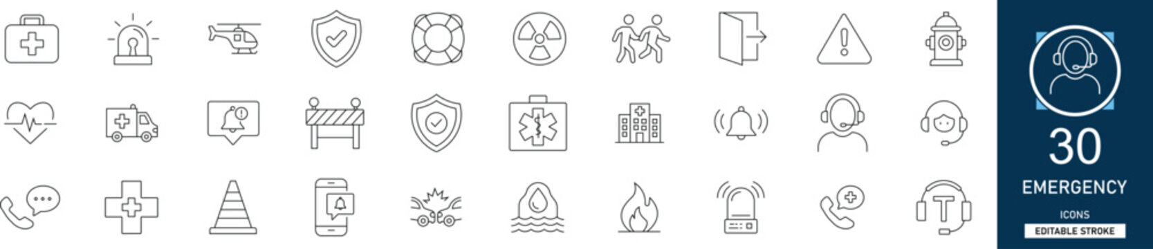 Emergency line icon set with 30 icons ambulance, siren, fire, medical aid, alert, warning, SOS, safety. Clean linear vector, editable stroke for safety and rescue.