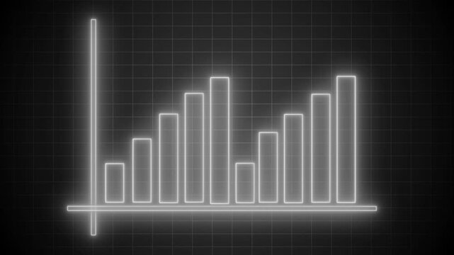Neon-style bar chart with vertical and horizontal axes glowing outline and varying bar heights animation