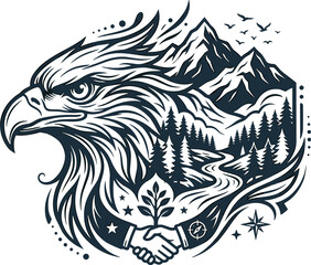 Obraz premium Powerful eagle mascot emblem integrated with mountain wilderness forest landscape and corporate partnership deal illustration