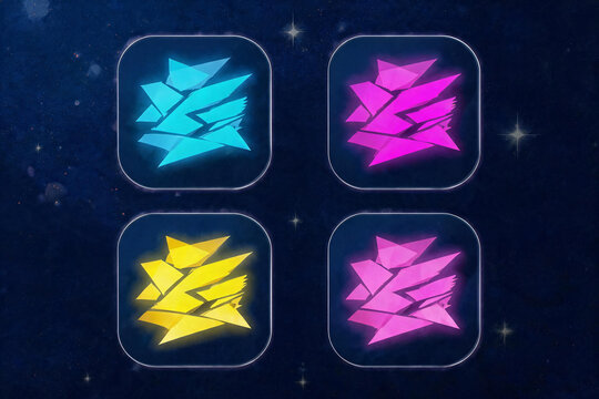 Futuristic colorful icons with geometric abstract shapes on dark starry background
