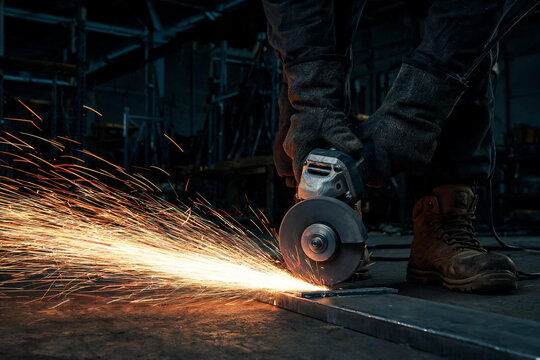 Worker Cutting Metal with Angle Grinder Producing Sparks in Industrial Workshop