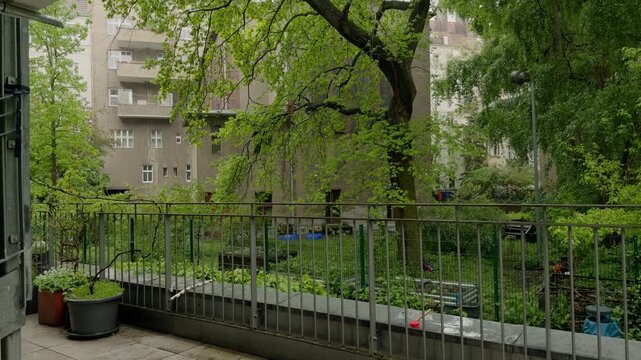 Hidden green courtyard in Berlin showcasing everyday urban life, nature and architecture coexisting in a tranquil residential setting.