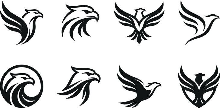 Collection of simple vector bird icons featuring majestic falcon flying and eagle head profile silhouettes for brand identity