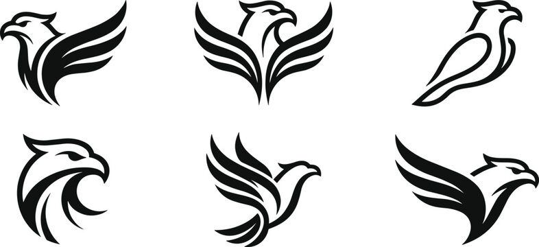 Collection of simple falcon and hawk line art icons with sleek wing shapes and majestic bird head profiles