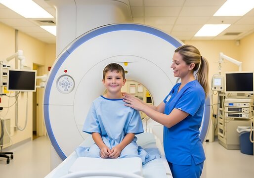 Child undergoing CT scan with nurse in hospital setting.