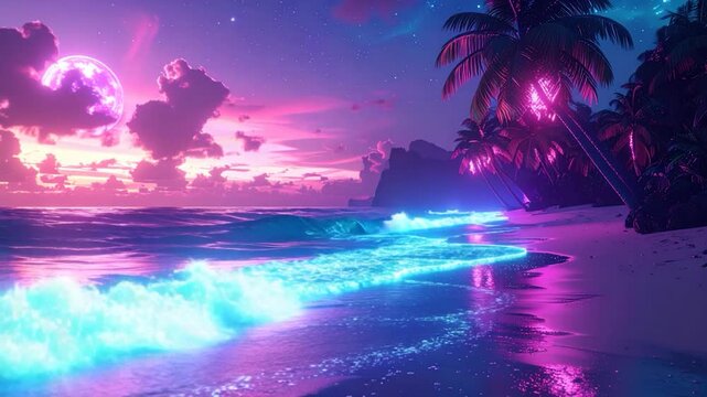 Glowing ocean waves and palm trees bask in a vibrant pink and purple nighttime sky