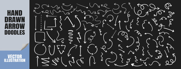 Obraz premium Hand drawn white arrow doodles on black background. Sketchy curved pointers and directional symbols.