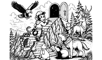 Cute Monkey Playing Flute on Mountain Stairway Surrounded by Forest Animals and Magical Portal Black and White Vector Illustration © Shahanaj