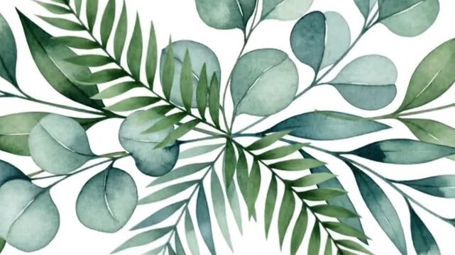 Watercolor eucalyptus and fern greenery arrangement on white background