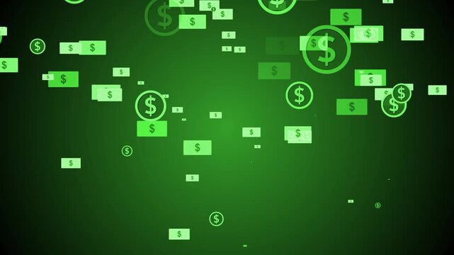 Dark background with scattered rectangular banknote icons and circular dollar symbols animation