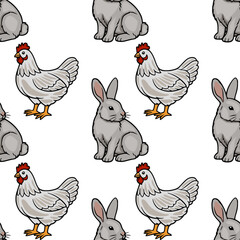 Naklejka premium Seamless vector pattern of cute cartoon rabbits and chickens on a white background