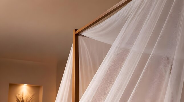 Canopy bed with sheer white curtains in warm bedroom.