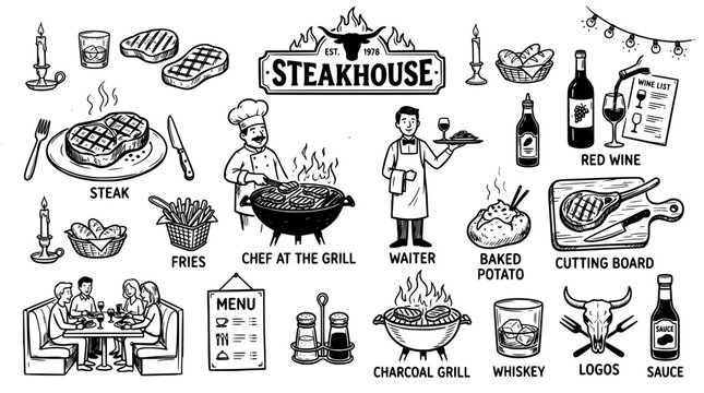 Steakhouse restaurant menu elements and icons set