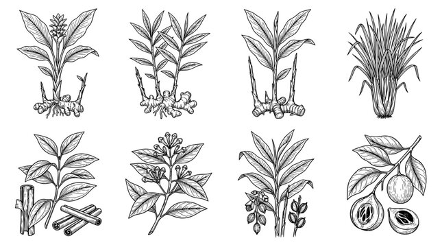 Set of hand drawn spices and herbs