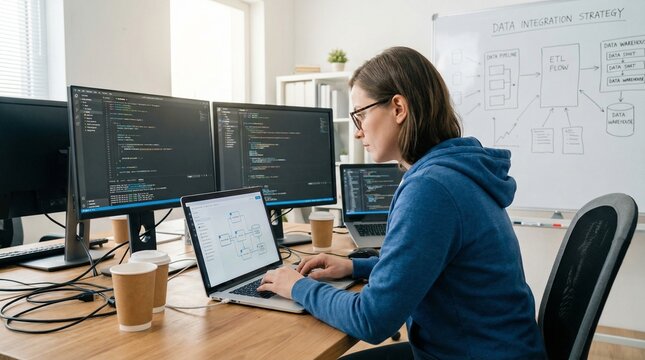 Focused software developer working on complex data architecture projects while sitting at a wooden office desk with multiple computer screens
