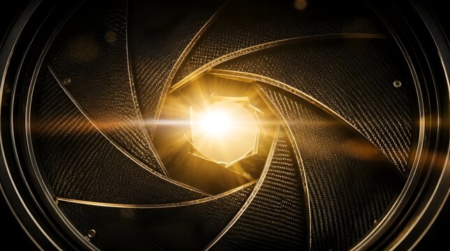 Close up of camera lens aperture blades with bright golden light flare.