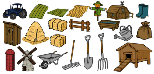 Set of charming vector farm elements with tractor, barn, scarecrow, and tools © Khrystyna Turchyn