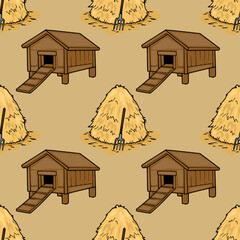 Seamless vector pattern of a rustic farm scene with haystacks and chicken coops © Khrystyna Turchyn