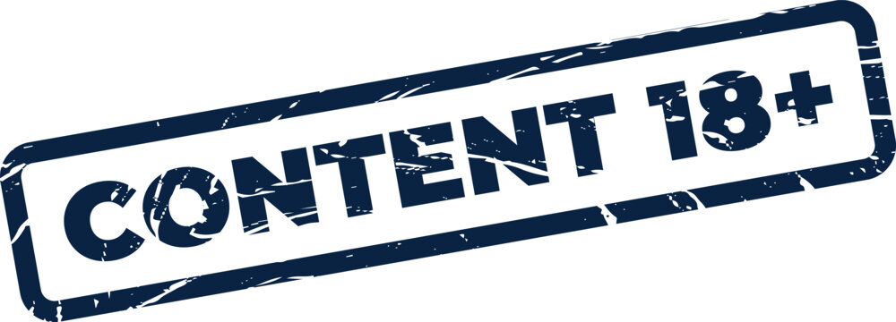 Distressed blue rubber stamp with text CONTENT 18+ indicating age restricted material or warning symbol