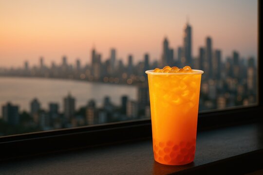 Sunset over the city with a drink on the window ledge