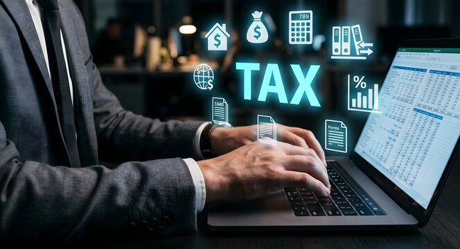Tax preparation and financial data analysis with laptop and icons