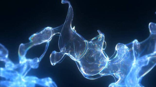 Slow motion close up of translucent liquid splash forming glass like sculpture in dark studio with soft spotlight and iridescent highlights