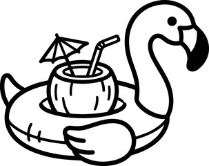 Obraz premium Flamingo Float with Coconut Drink and Umbrella - Summer Vacation Icon