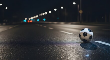 Lone Soccer Ball on Wet Asphalt Road at Night Illuminated by Streetlights and Car Lights