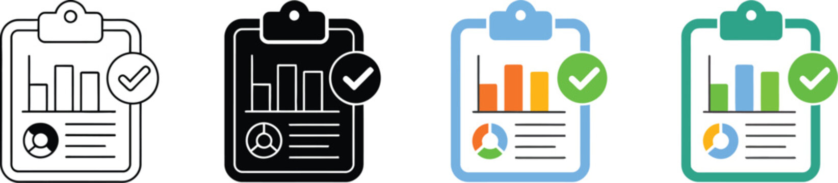 Performance metrics, outcome tracking icon set, progress monitoring results analysis success evaluation and KPI measurement symbols for business analytics and reporting systems.