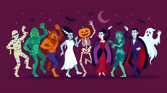 Classic Horror Monsters Lineup: Mummy, Creature, Werewolf, Bride, Skeleton, Vampire, Zombie, Ghost, Flat Vector Illustration