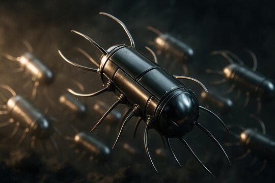 Metallic bacteria in a dark environment with metallic textures and intricate details