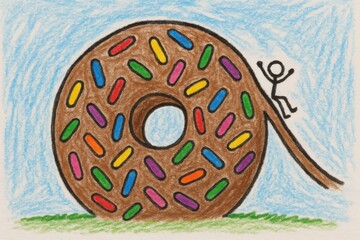 Naklejka premium Child slides down giant donut in bright and colorful drawing on paper